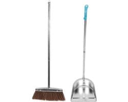 Stoffer en Blik Set - Stofblik met Steel - Vloeren Schoonmaken - Roestvrij Staal - 92.5 cm - Zilver