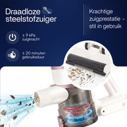 VANJOOL® Steelstofzuiger Draadloos – 120W Krachtige Accu Stofzuiger – 2-in-1 Kruimeldief – 9 kPa Zuigkracht – Zakloos – Inclusief 3 Opzetstukken – CleanDetect Technologie – Wit / Roze — thumbnail 2