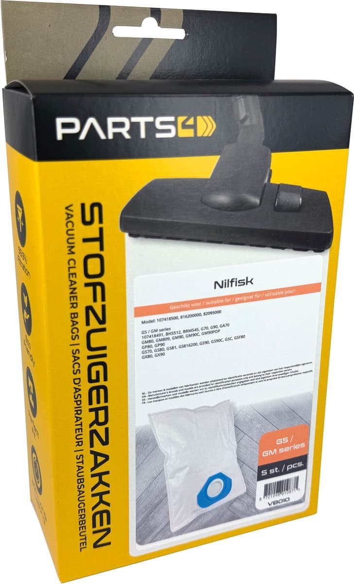 5 Stofzuigerzakken PARTS4® geschikt voor Nilfisk GS / GM series | Made in Europe | Passend in Nilfisk GS series, GM series, GM80, GM90, GS70, GS80 | Alternatief voor origineel 107418500, 816200000, 82095000 — afbeelding 1