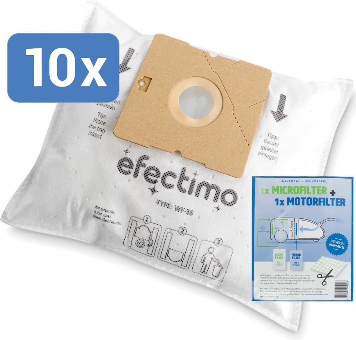 Inventum stofzuigerzakken van efectimo + filterset - geschikt voor: Inventum ST306RZA stofzuigerzakken, Inventum SZ300 stofzuigerzakken en ST306ZZA stofzuigerzak - 10 stuks - drielaags topkwaliteit microvezel - — afbeelding 1