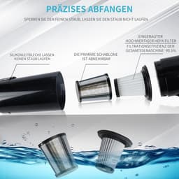 Handheld stofzuiger 120 W/15000 Pa mini-multifunctioneel draagbaar-licht draadloos-oplaadbaar-Zoeken naar dierenharen-auto-thuis-2 wasbare HEPA-filters voor nat en droog (zwart) — thumbnail 4