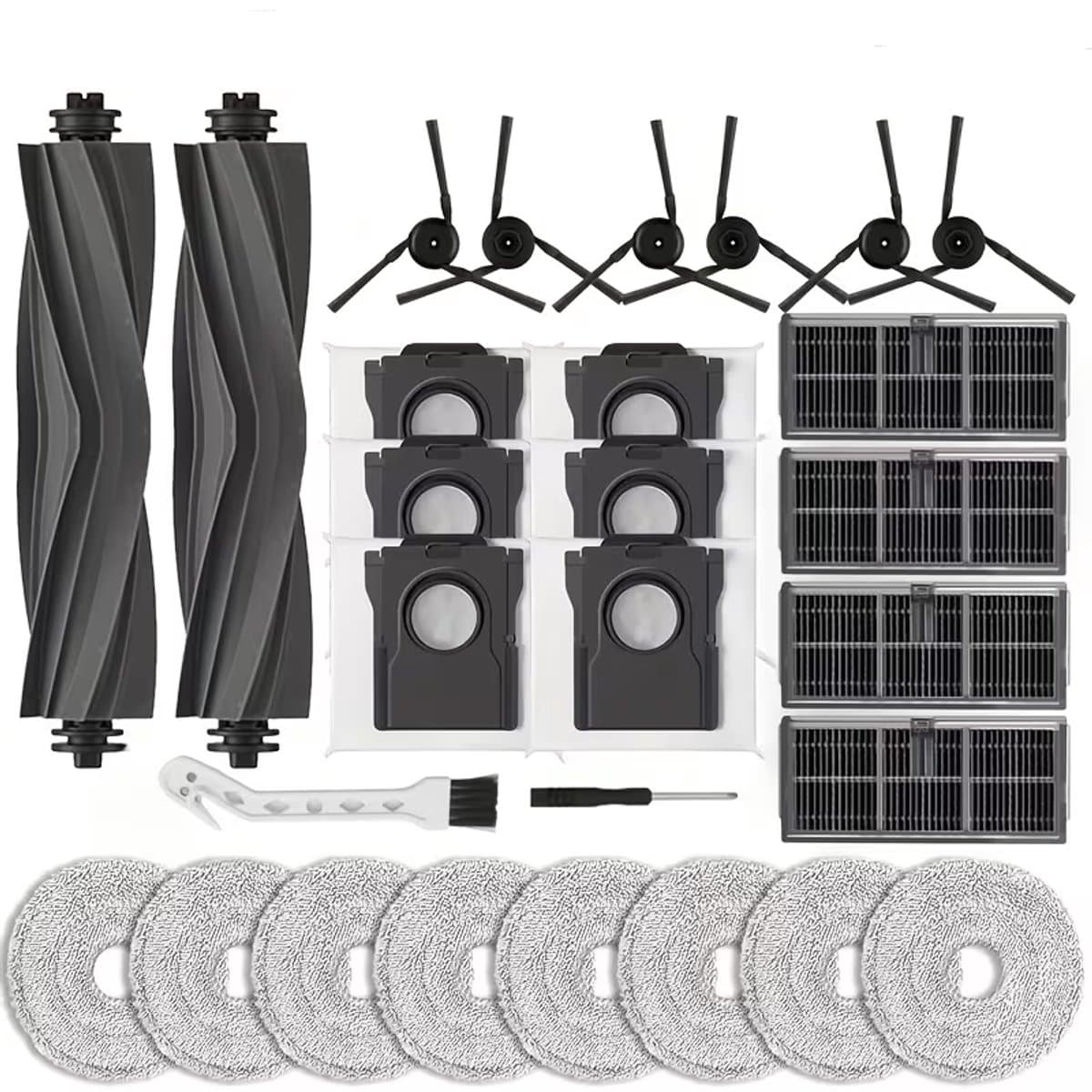 Deze 28-delige accessoirekit is Geschikt voor de robotstofzuigers Dream X40 Ultra / X40 Pro / L40 Ultra / S30 Pro Ultra. De kit bevat: 2 rubberen hoofdborstels, 4 filters, 6 stofzakken, 8 dweilpads, 6 zijborstels en 2 accessoires. — afbeelding 1