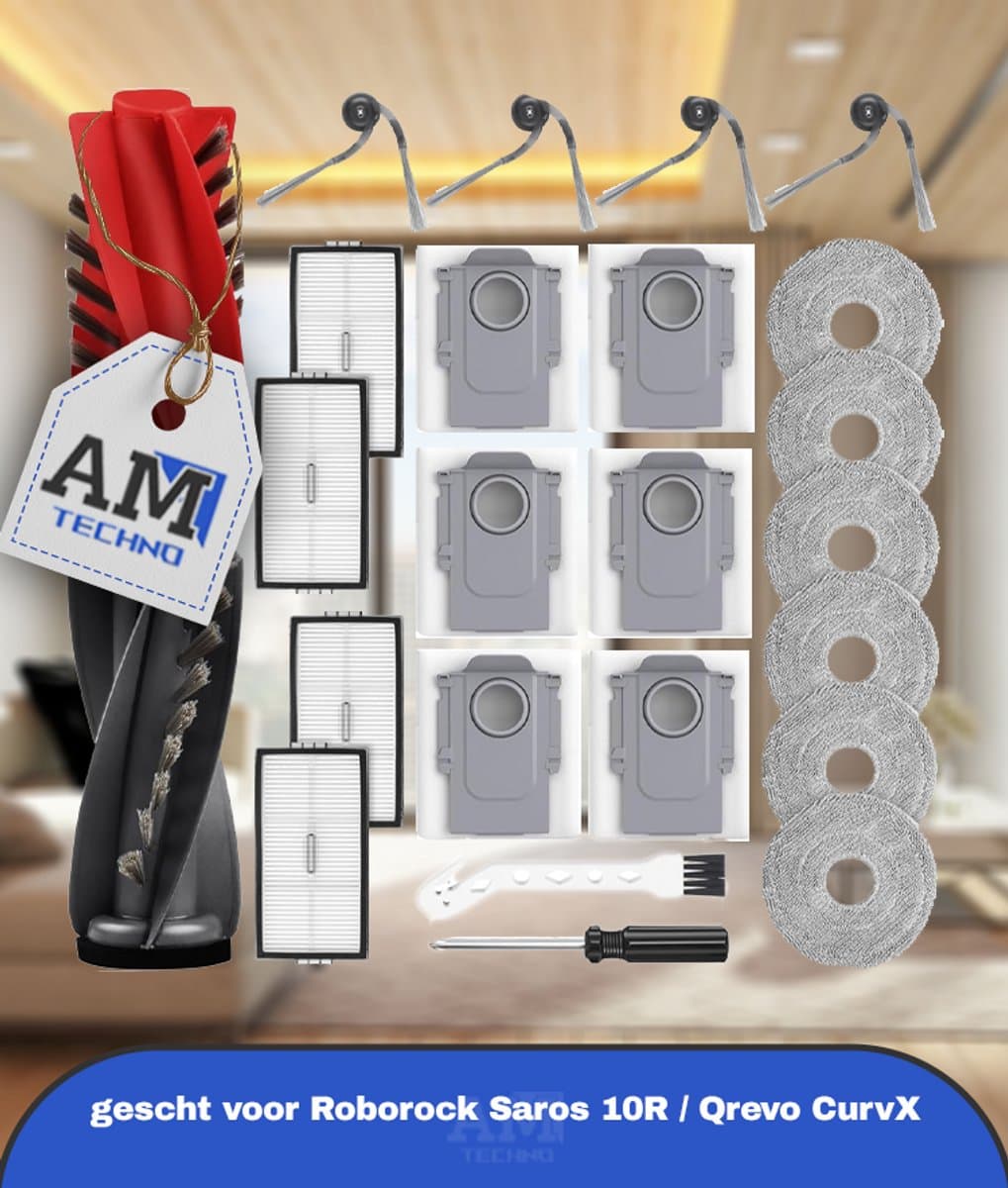 24 stuks accessoires gescht voor Roborock Saros 10R / Qrevo CurvX robotstofzuiger, 2 hoofdborstels, 6 stofzakken, 6 dweilpads, 4 HEPA-filters, 4 zijborstels, 1 reinigingsborstel, 1 schroevendraaier — afbeelding 1