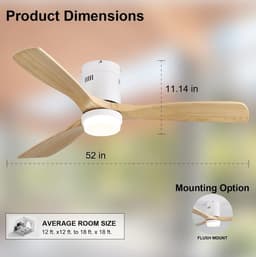OKWISH Plafondventilator 52 Inch 132 Cm - 6 Snelheden Met Verlichting En Afstandsbediening - Voor Woonkamer En Slaapkamer - Metaal En Hout - Wit — thumbnail 4