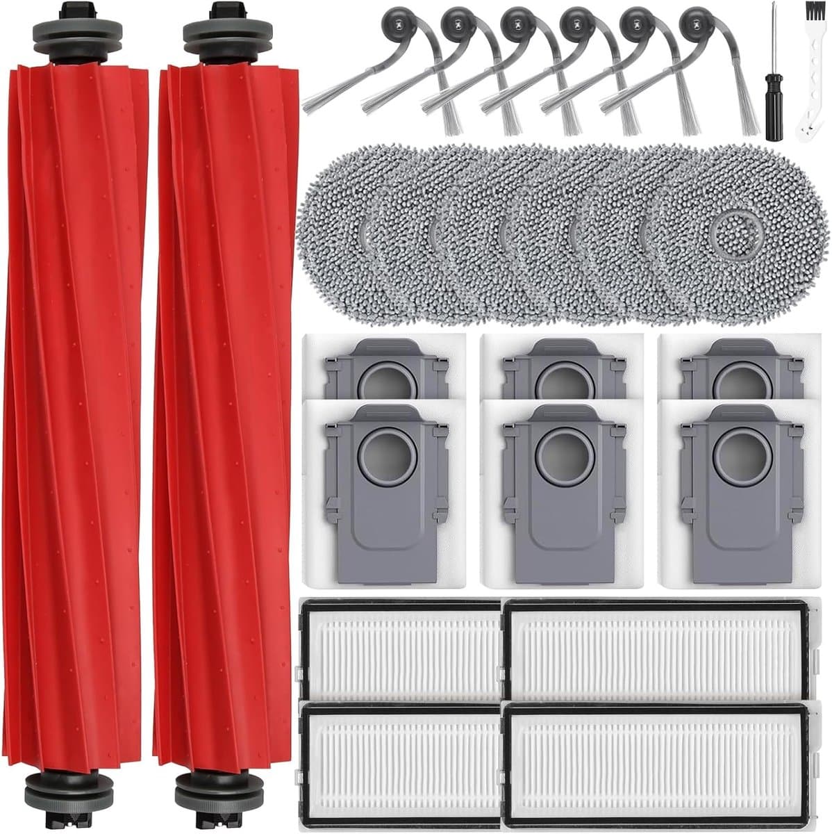26 stuks accessoires geschikt voor Roborock QV 35A/QV 35S robotstofzuiger, 2 hoofdborstels, 6 stofzakken, 6 dweilpads, 4 HEPA-filters, 6 zijborstels, 1 reinigingsborstel, 1 schroevendraaier — afbeelding 1