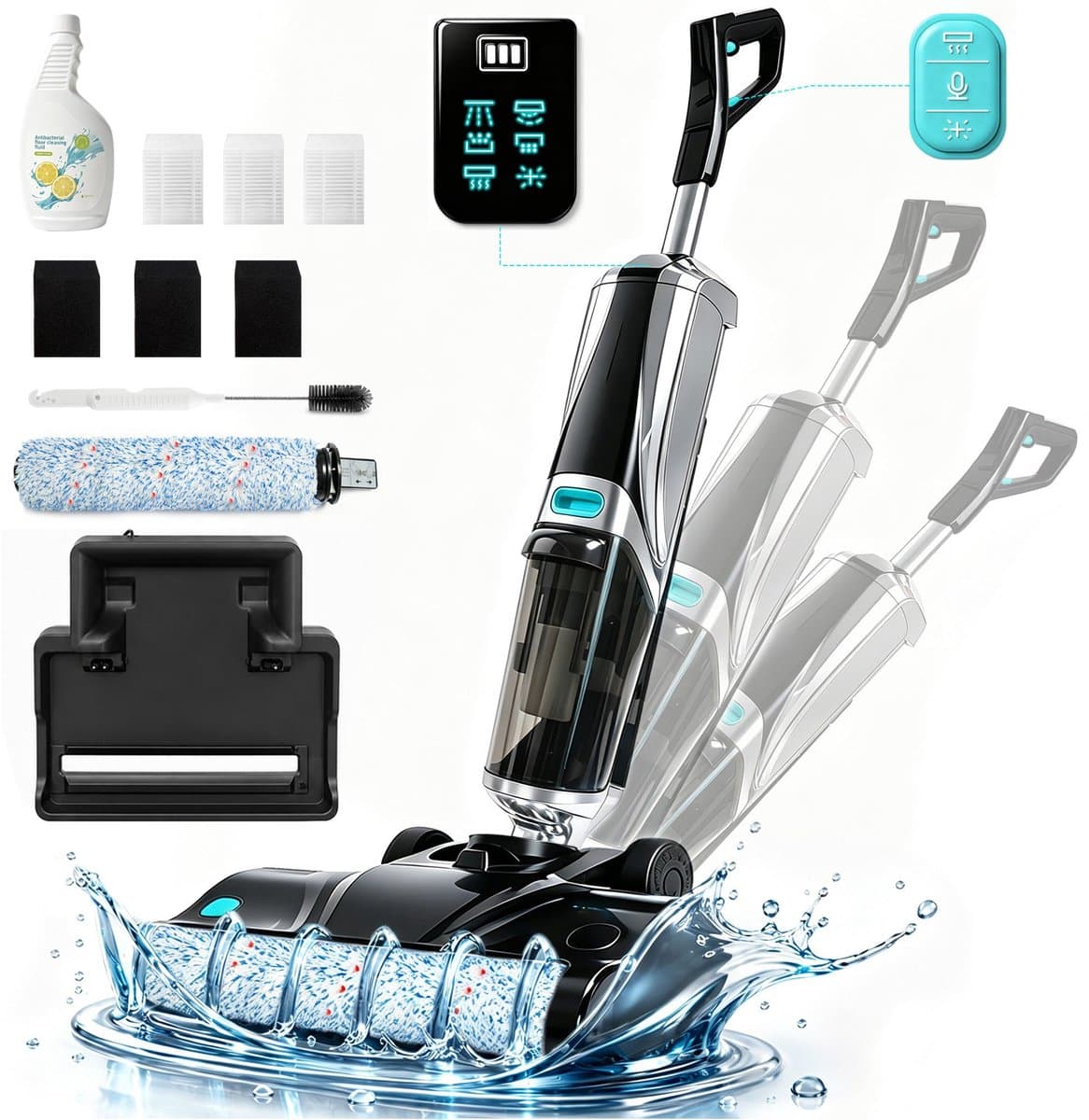 Grenintol Vloerreiniger 3-in-1 – Nat- en Droog Stofzuiger – Met Dweilfunctie – 15kPa – 180° Platliggend – Zelfreiniging met Geëlektrolyseerd Water – Automatische Droging – Dubbelzijdige Randreiniging – 35 Min Accuduur – Zilver — afbeelding 1