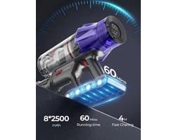 Snoerloze steelstofzuiger - Snoerloze stofzuiger - Stofzuiger - Stokstofzuigers - Stofzuiger - 500W - 50000PA Zuigkracht - met Stofbeker, Uitneembare Batterij
