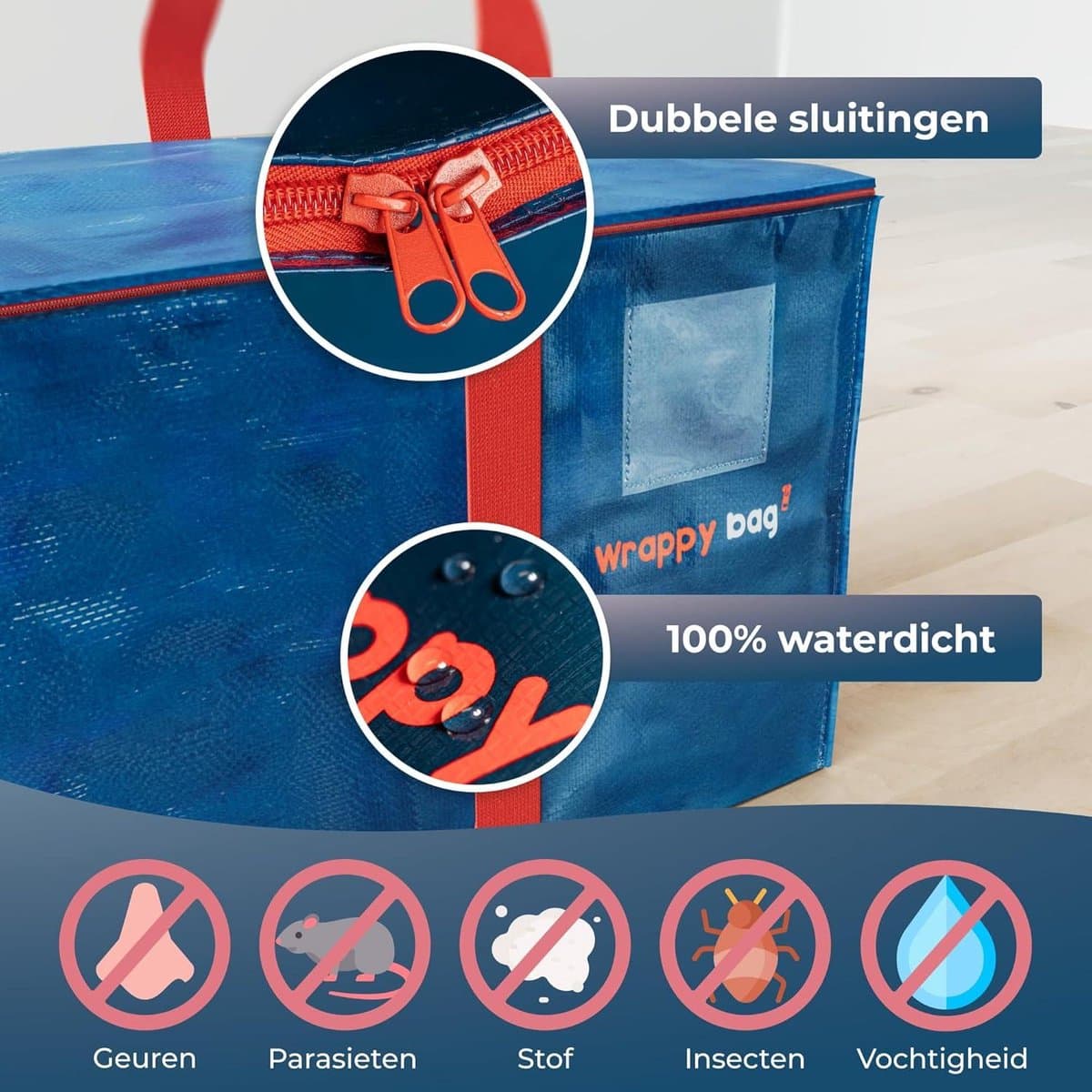 Set van 4 XXL opbergzakken - grote tas voor verhuizing en reizen - stevige dikke en waterdichte tas - WRAPPYBAG - versterkte handgrepen - kleding dekbed/kussen - 75 x 36 x 38 cm — afbeelding 1