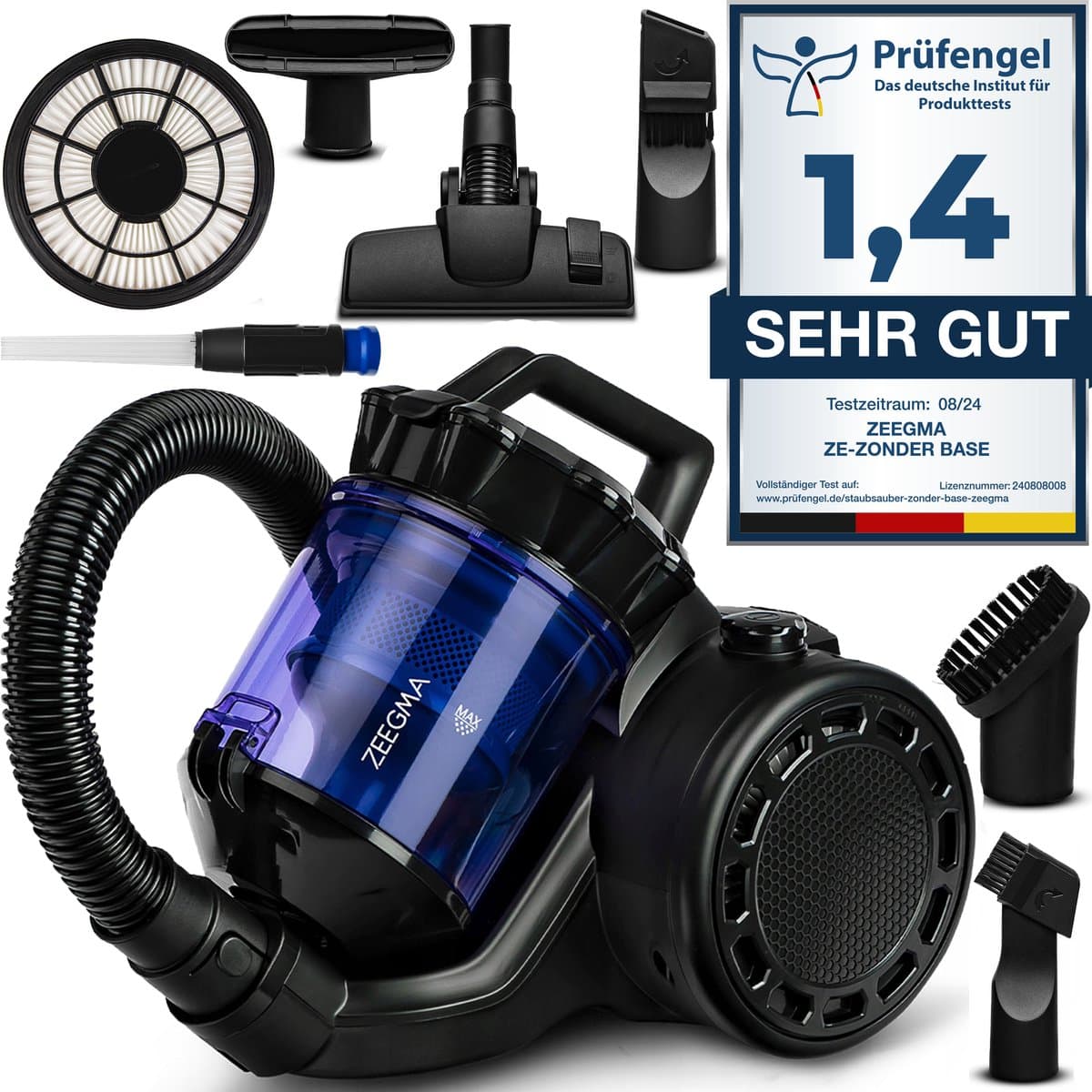 Zeegma Zonder Base Cycloon Stofzuiger + FREE SMALL TURBO BRUSH ZONDE – 899W – 20.000 PA Zuigkracht – 2,5L Stofreservoir – HEPA 13 Allergiefilter – Energieklasse A – 10-in-1 Accessoires – Automatisch Oprolbaar Snoer — afbeelding 1