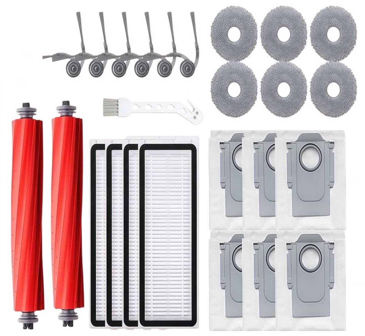 Accessoiresset - 25-delige - Geschikt voor Roborock QV 35A/QV 35S/Q Revo L Robotstofzuiger - 2 Hoofdborstel, 6 Zijborstels, 4 HEPA-filters, 6 Dweilpads, 6 Stofzakken, 1 Reinigingsborstel — afbeelding 1