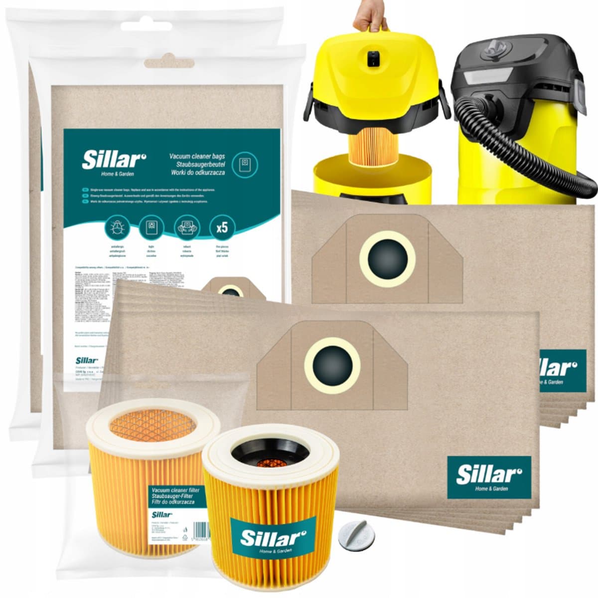Sillar 10x Stofzuigerzakken papieren + 1x stofzuigerfilter versterkt met gaas - met bevestigingsplug - set voor stofzuigers - compatibel met Karcher serie A K MV NT WD SE - vervangers — afbeelding 1