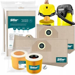 Sillar 10x Stofzuigerzakken papieren + 1x stofzuigerfilter versterkt met gaas - met bevestigingsplug - set voor stofzuigers - compatibel met Karcher serie A K MV NT WD SE - vervangers — thumbnail 1