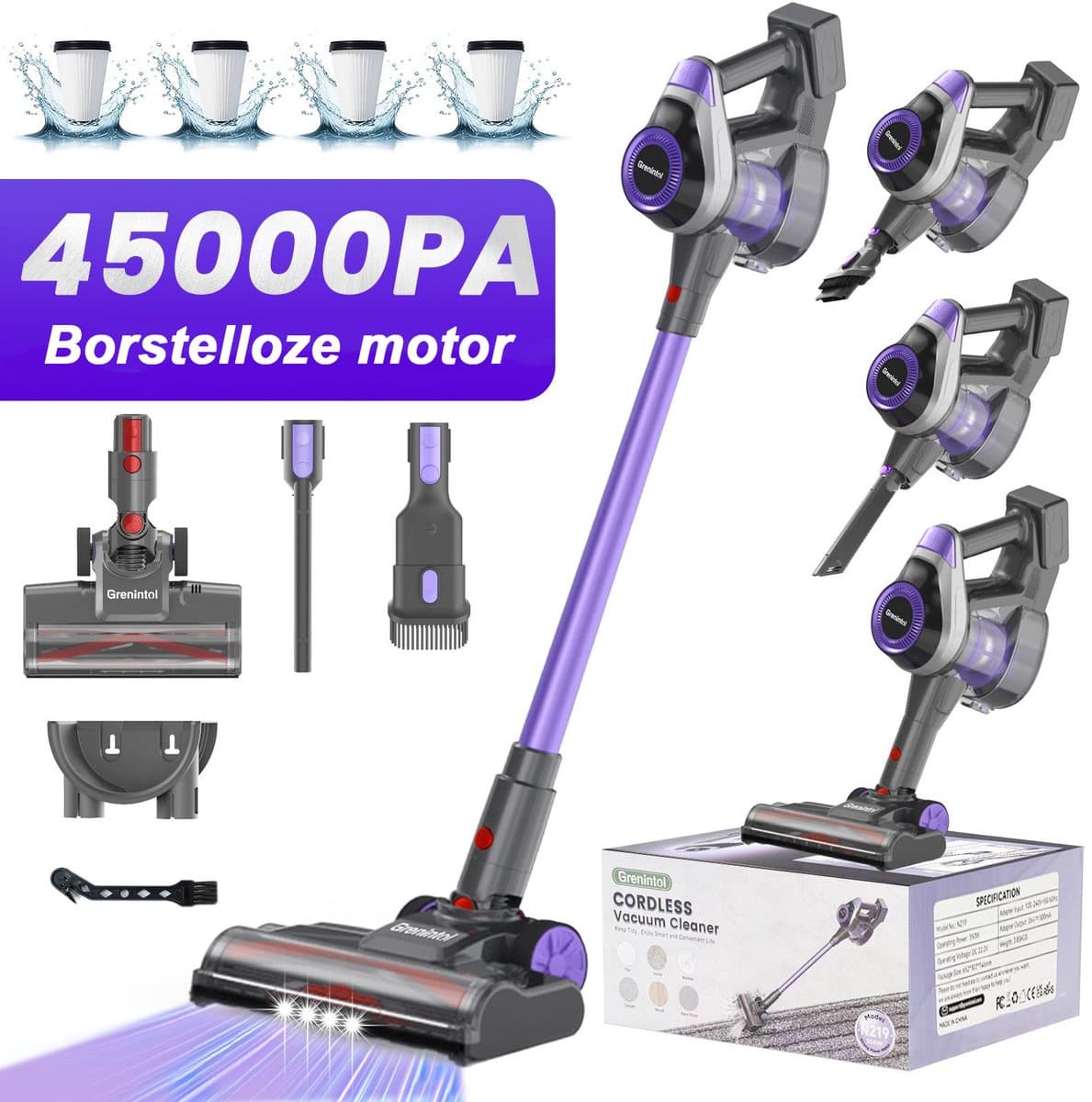 Grenintol Steelstofzuiger Draadloos - Steelstofzuiger - 45000Pa/350W Snoerloze Stofzuiger - Touchscreen en Anti - Klit Borstel - Batterijduur tot 55 Minuten- 2200mAh-1,6L Stofbak - Geschikt voor Tapijt, Harde Vloeren en Dierenhaar — afbeelding 1