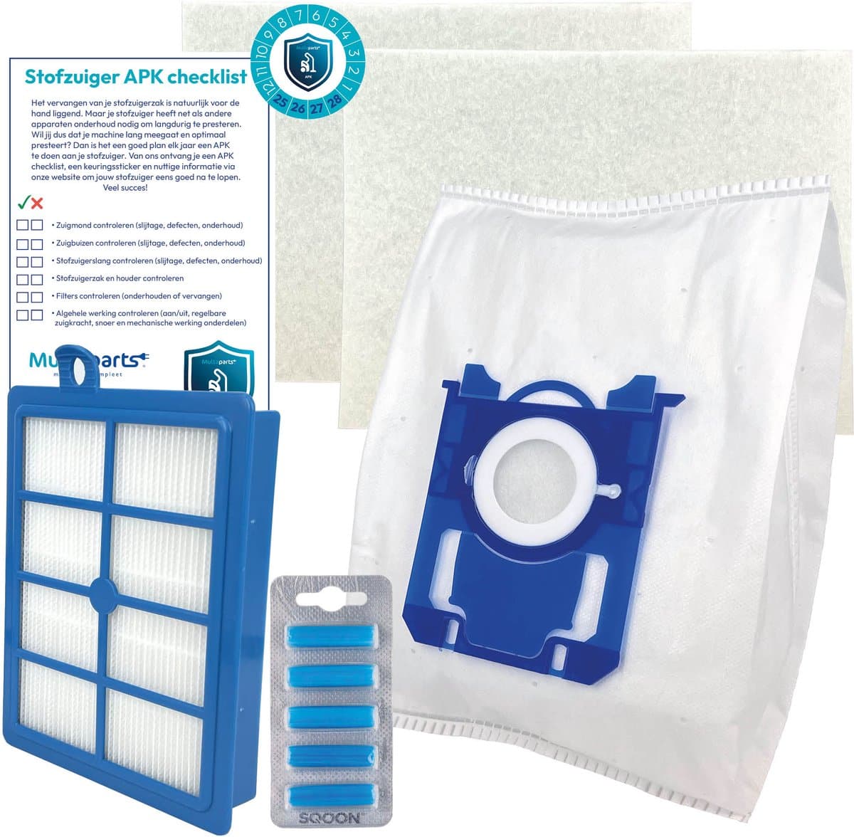 Multaparts® stofzuiger-APK set voor AEG 6000 serie (Animal 6000, Clean 6000, Hygienic 6000, Allergy 6000*) | Complete onderhoudsset met stofzuigerzakken type S-BAG (10 x), motorfilter (2 x), HEPA filter, geursticks (5 x), APK-checklist & APK-sticker — afbeelding 1