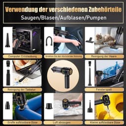 Wishdor Handstofzuiger auto 16000Pa - Draadloze kruimeldief met blaas- en zuigfunctie - Met 9 opzetstukken en LED display - Voor auto en thuis - Zwart goud - 21,4 x 4,8 x 20 cm — thumbnail 2