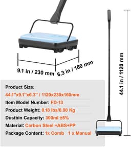 Handmatige tapijtreiniger, vloerreinigingsapparaat met 300 ml afvalbak, 17 cm reinigingsbreedte voor tapijten, dierenharen en stof, blauw — thumbnail 2