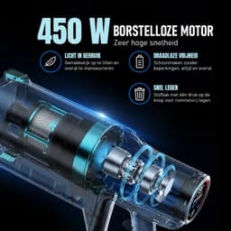 Kymo Steelstofzuiger Draadloos - 450W - 33kPa - Stofzuiger Zonder Zak - Draadloze Stofzuiger op Accu - Kruimeldief - Handstofzuiger - Snoerloze Stofzuiger - Voor Dierenharen - 62 Min Accu - 450W - HEPA Filter — thumbnail 2