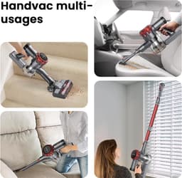 Draadloze Steelstofzuiger, Snoerloze Stofzuiger, Handstofzuiger 6-in-1, 300 W, 40 kPa, LED-display, Rood-Grijs, Steelstofzuiger met Accu, Anti-klit Borstel, H10 HEPA-filter, 5-laags Filtratie, voor Vloeren, Tapijt, Meubels en Auto — thumbnail 3