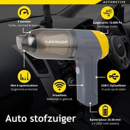 Dunlop Auto Stofzuiger Draadloos - Handstofzuiger met 5 Opzetstukken - USB-C Oplaadbare Auto Stofzuiger Snoerloos - Kruimeldief met 12000Pa Zuigkracht en Blaas Functie - Grijs/Geel — thumbnail 5