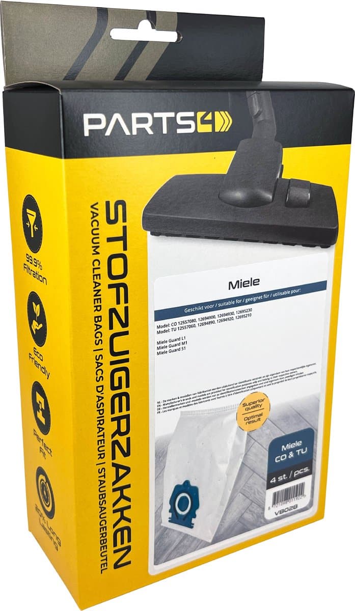 4 Stofzuigerzakken PARTS4® geschikt voor Miele GUARD stofzuigers | Alternatief voor type CO 12557080 & TU 12557060 | Passend in o.a. Miele Guard L1, Guard M1, Guard S1 | Meerdere sterke lagen & goed sluitende kunststof houder — afbeelding 1