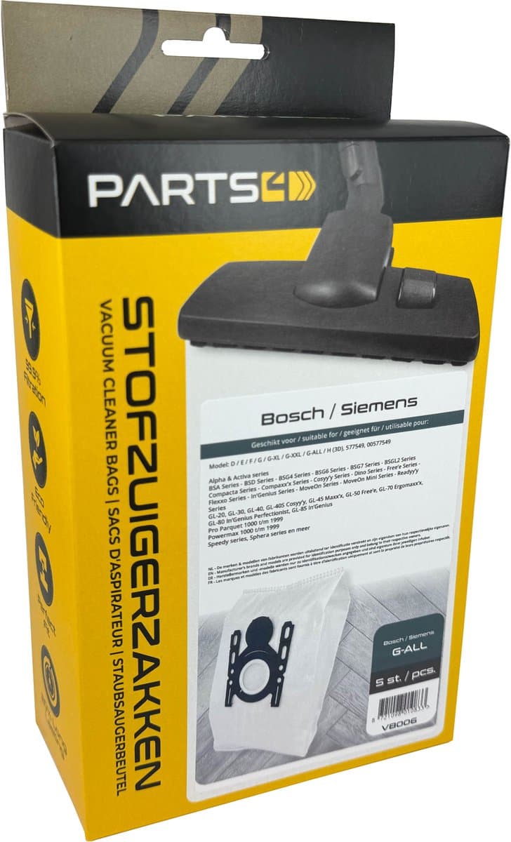5 Stofzuigerzakken PARTS4® geschikt voor Bosch / Siemens G ALL | Made in Europe | Passend in o.a. Free'e, Ergomaxx'x, In'genius, Serie 8, Serie 4, SI52, SI69, NR150+ — afbeelding 1