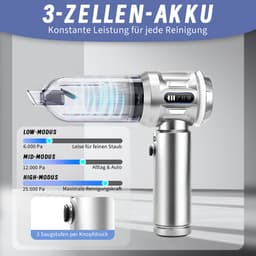 Glitzerlife - Handstofzuiger, Accu, Mini-Stofzuiger, Draadloos, 25000 Pa, Handstofzuiger, Sterk, 4-In-1 Autostofzuiger Met Borstelloze Motor, 3 Standen, DraagGlitzerlife -bare Stofzuiger Voor Auto - Zilver-Wit — thumbnail 3