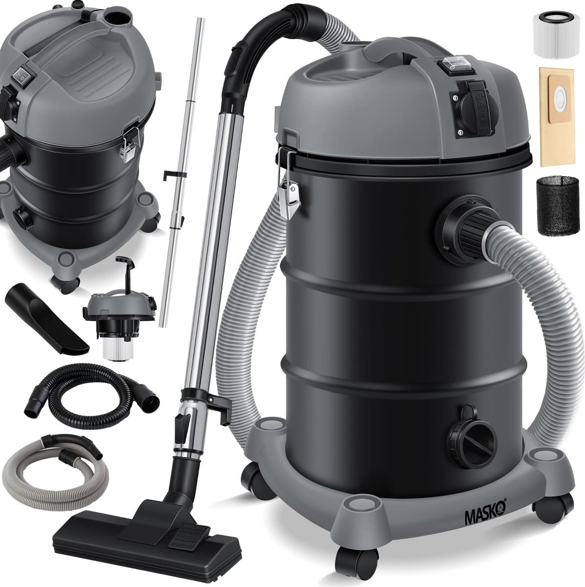 MASKO® Alleszuiger 6IN1 Nat- en Droogzuiger 2300W + stopcontact, Blaasfunctie, Droog- & natzuigen | Industriële stofzuiger vuilreservoir 30L Bouwstofzuiger - Grijs — afbeelding 1
