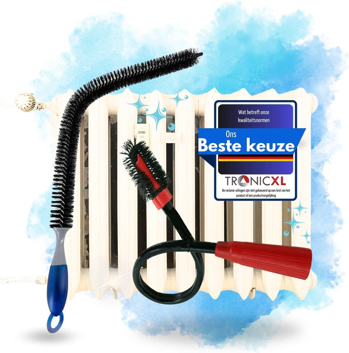 TronicXL XXL Premium Radiator Reinigingsborstel + Stofzuiger Opzetstuk 30-37 mm | Geschikt voor oude radiatoren, flexibele borstel en slang | 73 cm borstel + 46 cm stofzuigermondstuk — afbeelding 1