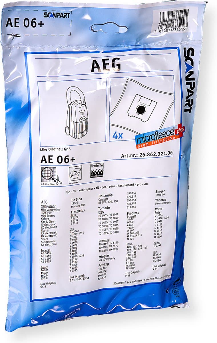 Scanpart stofzuigerzakken 4 stuks - Geschikt voor AEG Ingenio Smart Vampyrino - Gr 5S - Inclusief 1 filter - Alternatief — afbeelding 1