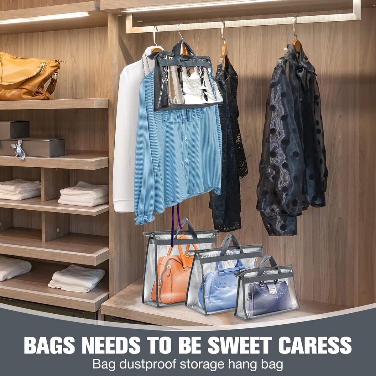 20 stuks stofzakken voor handtassen - doorzichtig, 3 maten, met 25 S-vormige haken — afbeelding 1