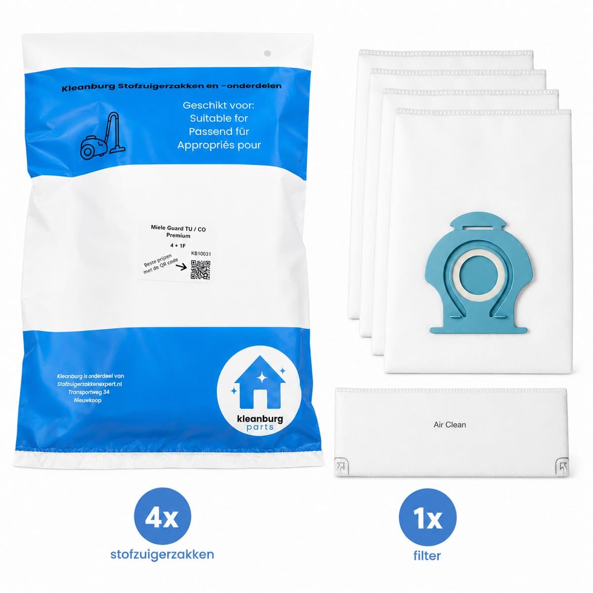 Kleanburg Vervangende stofzuigerzak – compatibel met Miele HyClean Pure TU & CO / Guard S1, L1, M1 – niet origineel (4 zakken + filter) — afbeelding 1
