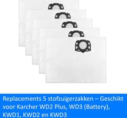 Replacements® 5x Stofzuigerzakken geschikt voor Karcher WD2 Plus, WD3 (Battery), KWD1, KWD2, KWD3, WD3.200 - WD3.800 M — thumbnail 2