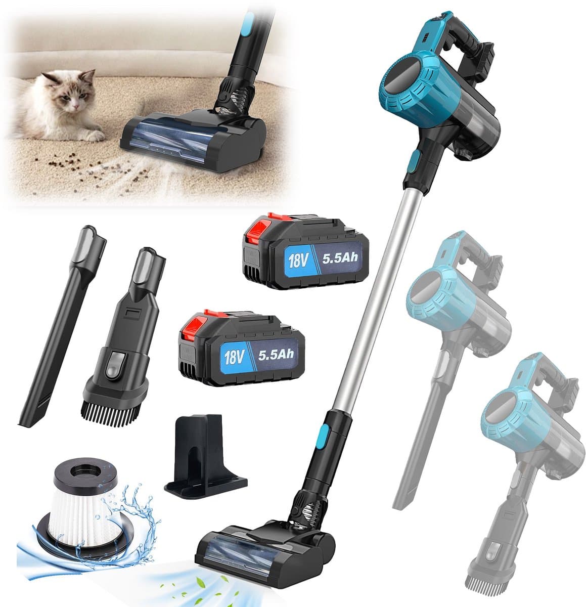 Draadloze Staafstofzuiger 30kPa zuigkracht | 2 stuks 18‑21V accu’s, 375W borstelloze motor, lichte stofzuiger met meerdere opzetstukken en wasbare HEPA‑filters voor thuis en auto — afbeelding 1