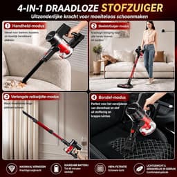 Draadloze Steelstofzuiger met HEPA-Filter - 4-in-1 Accustofzuiger - 49 Min Accuduur - LED-Verlichting - 2 Zuigstanden - Klitvrije Borstel voor Dierenharen, Tapijt en Harde Vloeren - Rood/Grijs — thumbnail 4