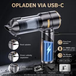 4-in-1 Draadloze Handstofzuiger & Air Duster – Opvouwbare Auto Stofzuiger – 16 kPa – 3 Standen – 80.000 RPM – USB-C – 11 Accessoires – Zwart/Goud — thumbnail 2