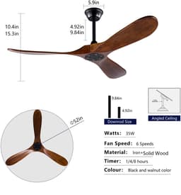 MIVRAY Plafondventilator – 52 Inch Met 3 Houten Bladen En Afstandsbediening – Metaal En Hout – Zwart Walnoot – Zonder Verlichting — thumbnail 3