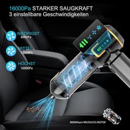 Wishdor Handstofzuiger auto 16000Pa - Draadloze kruimeldief met blaas- en zuigfunctie - Met 9 opzetstukken en LED display - Voor auto en thuis - Zwart goud - 21,4 x 4,8 x 20 cm — thumbnail 3