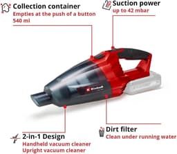 Stofzuiger TE-VC 18 Li-Solo Power X-Change, Li-Ion, 18 V, 540 ml stofafzuiging, incl. 3 mondstukken, verlengstuk, wandhouder, zonder accu en lader, Zwart — thumbnail 3