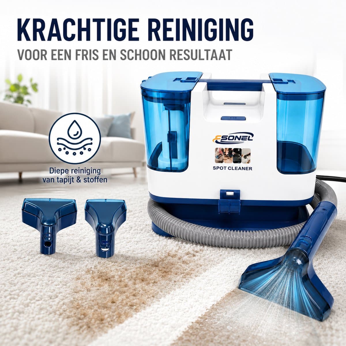 Tapijtreiniger / Vlekkenreiniger / Bekledingsreiniger – Elektrische Carpet Cleaner met 5m Snoer–2-in-1 Spray & Zuig – Incl. Brede Zuigmond, Smalle Zuigmond & 1,3m Flexibele Slang – Voor Tapijt, Bekleding, Auto, Trap & Bank–Krachtige Vlekverwijderaar — afbeelding 1