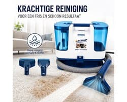 Tapijtreiniger / Vlekkenreiniger / Bekledingsreiniger – Elektrische Carpet Cleaner met 5m Snoer–2-in-1 Spray & Zuig – Incl. Brede Zuigmond, Smalle Zuigmond & 1,3m Flexibele Slang – Voor Tapijt, Bekleding, Auto, Trap & Bank–Krachtige Vlekverwijderaar