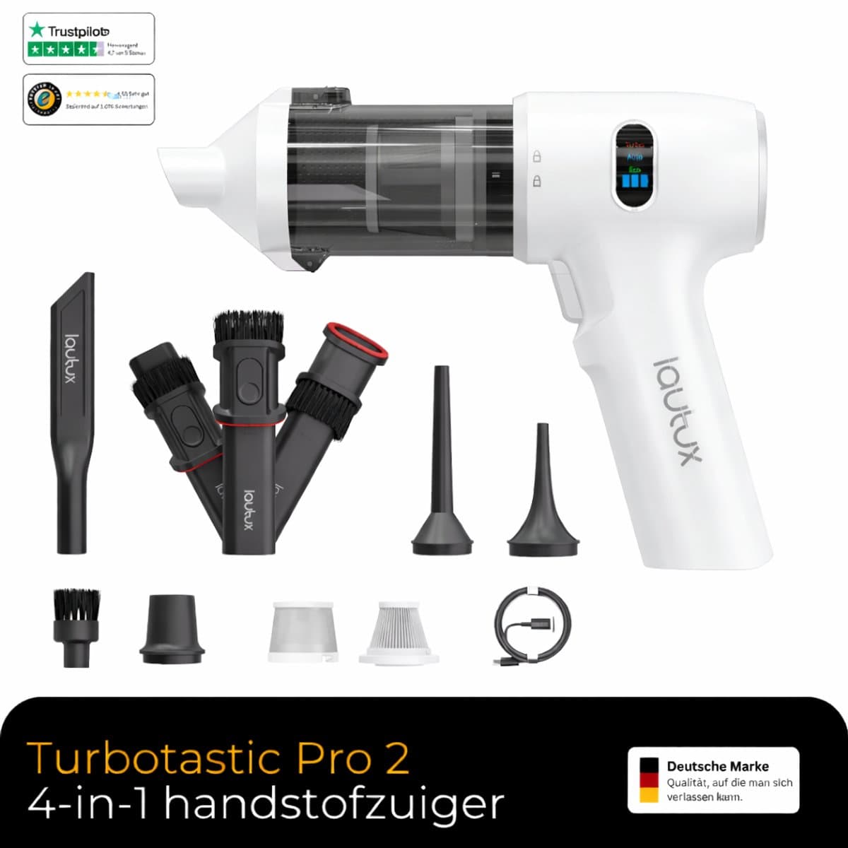 Lautux - Turbotastic Pro 2 - 4 in 1 Wit Handstofzuiger -Auto stofzuiger- 120 W - 18.000 Pa - tot 60 minuten gebruiksduur - HEPA-filter - LED-display - 4 in 1 opzetstukken-Starter Set- (auto, dierenharen, opblazen, leegzuigen/vacuüm) (parelwit) — afbeelding 1