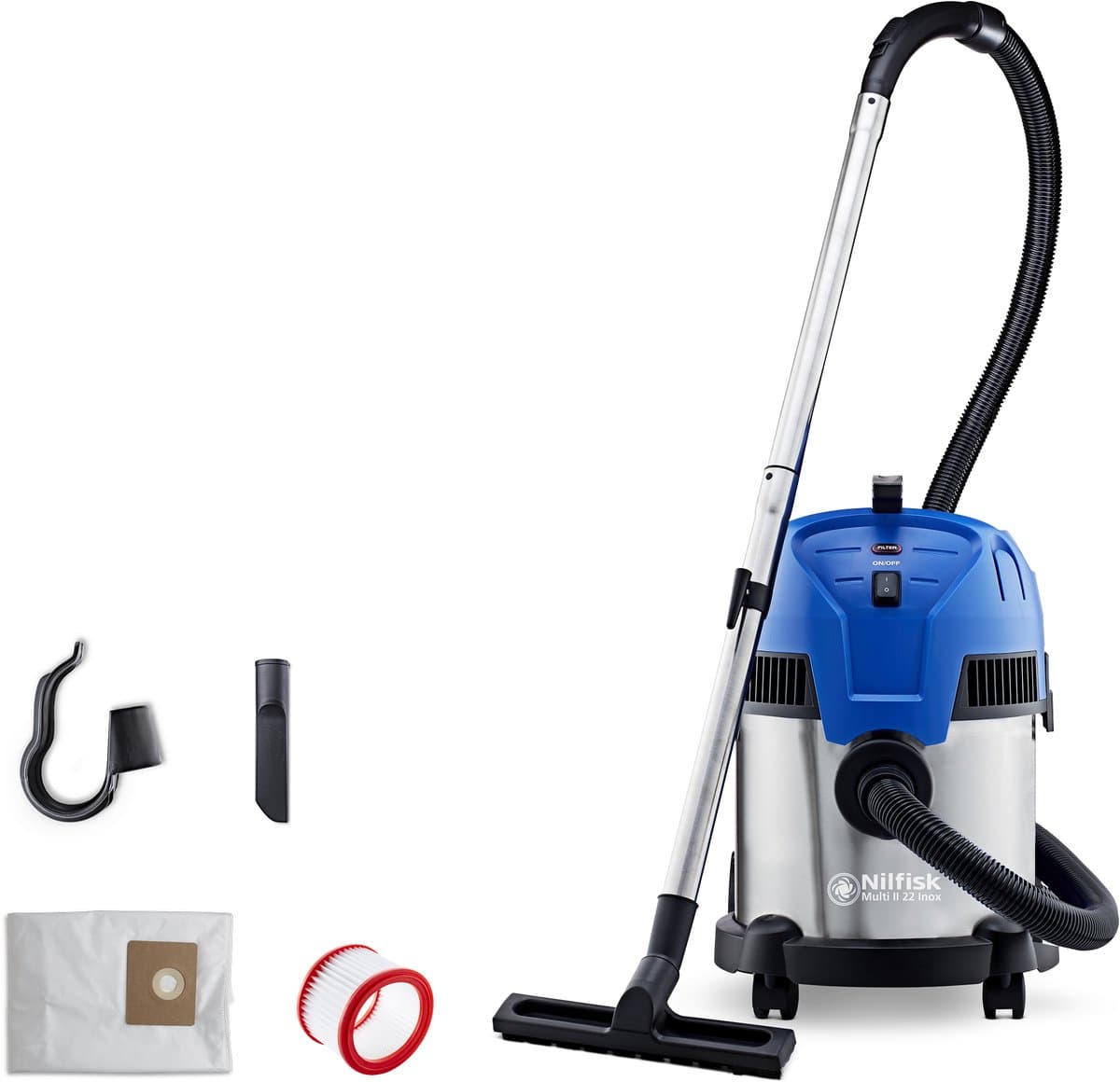 Nilfisk Multi II 22 INOX – Krachtige nat- en droogzuiger met 1200W motor, roestvrijstalen 22L container en blaasfunctie, Stof-/waterzuiger, Alleszuiger — afbeelding 1
