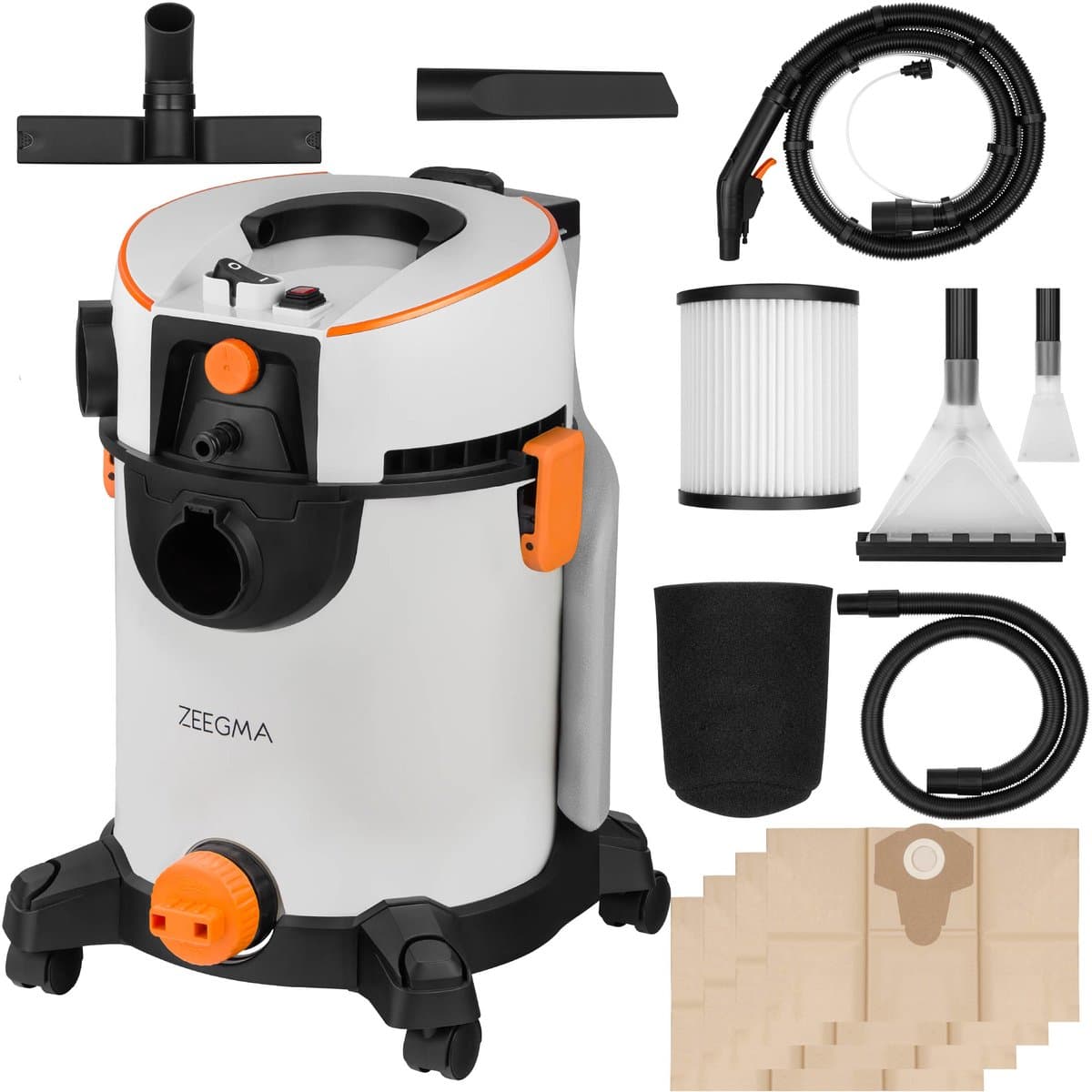 Zeegma Wash 1400W – Krachtige stofzuiger met wasfunctie – Tapijtreiniger en bekledingreiniger – Waterstofzuiger met HEPA-filter – Inclusief 3 extra stofzuigerzakken 20L – Voor auto, meubels en vloeren – Blaasfunctie – 4L tank – 13m bereik – Waszuiger — afbeelding 1