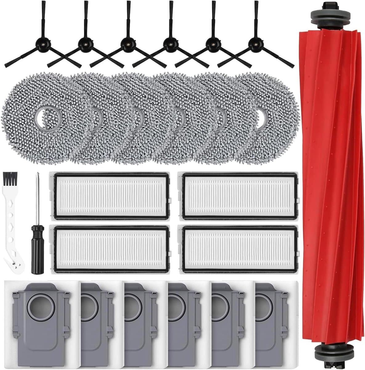 25-delige accessoireset voor robotstofzuiger - hoofdborstel, stofzakken, dweilpads, HEPA-filters, zijborstels, reinigingsborstel, schroevendraaier. — afbeelding 1