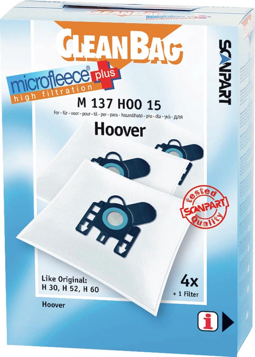 CleanBag stofzuigerzakken 4 stuks - Geschikt voor Hoover Arianne Freemotion Purepower Sensory Telios - H30 H52 H60 - Inclusief 1 filter - Alternatief — afbeelding 1