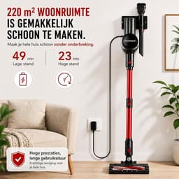 Draadloze Steelstofzuiger met HEPA-Filter - 4-in-1 Accustofzuiger - 49 Min Accuduur - LED-Verlichting - 2 Zuigstanden - Klitvrije Borstel voor Dierenharen, Tapijt en Harde Vloeren - Rood/Grijs — thumbnail 2