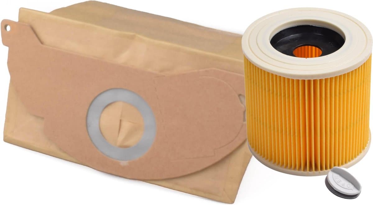 Geschikt voor KARCHER. VOORDEELPAK 10 stuks. Stofzuigerzakken en Luchtafvoerfilter, Stofklasse L voor MV2, WD2, WD2200, WD2210, WD2240, WD2250, A2003, A2004, A2014, A2024, A2054, A2064, A2074, A2322, Papier. COVAKO Merk — afbeelding 1