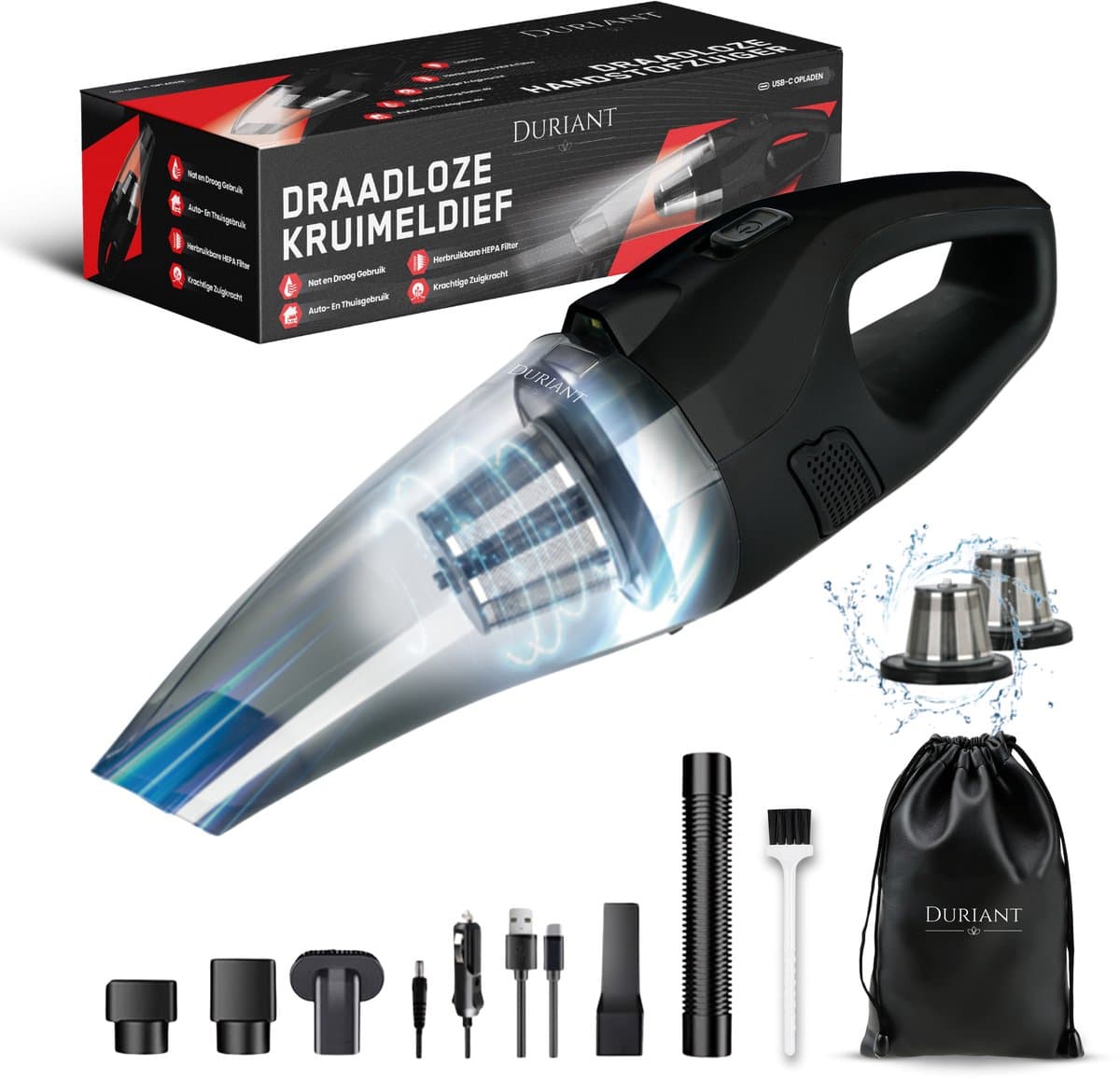 Duriant ® -Kruimeldief snoerloos -Handstofzuiger- Autostofzuiger- Oplaadbaar- 5 opzetstukken en Autolader-Kruimelzuiger- 10000Pa - 2x HEPA FILTER- Best Verkocht-Nat en droog -Incl. Opbergtas — afbeelding 1