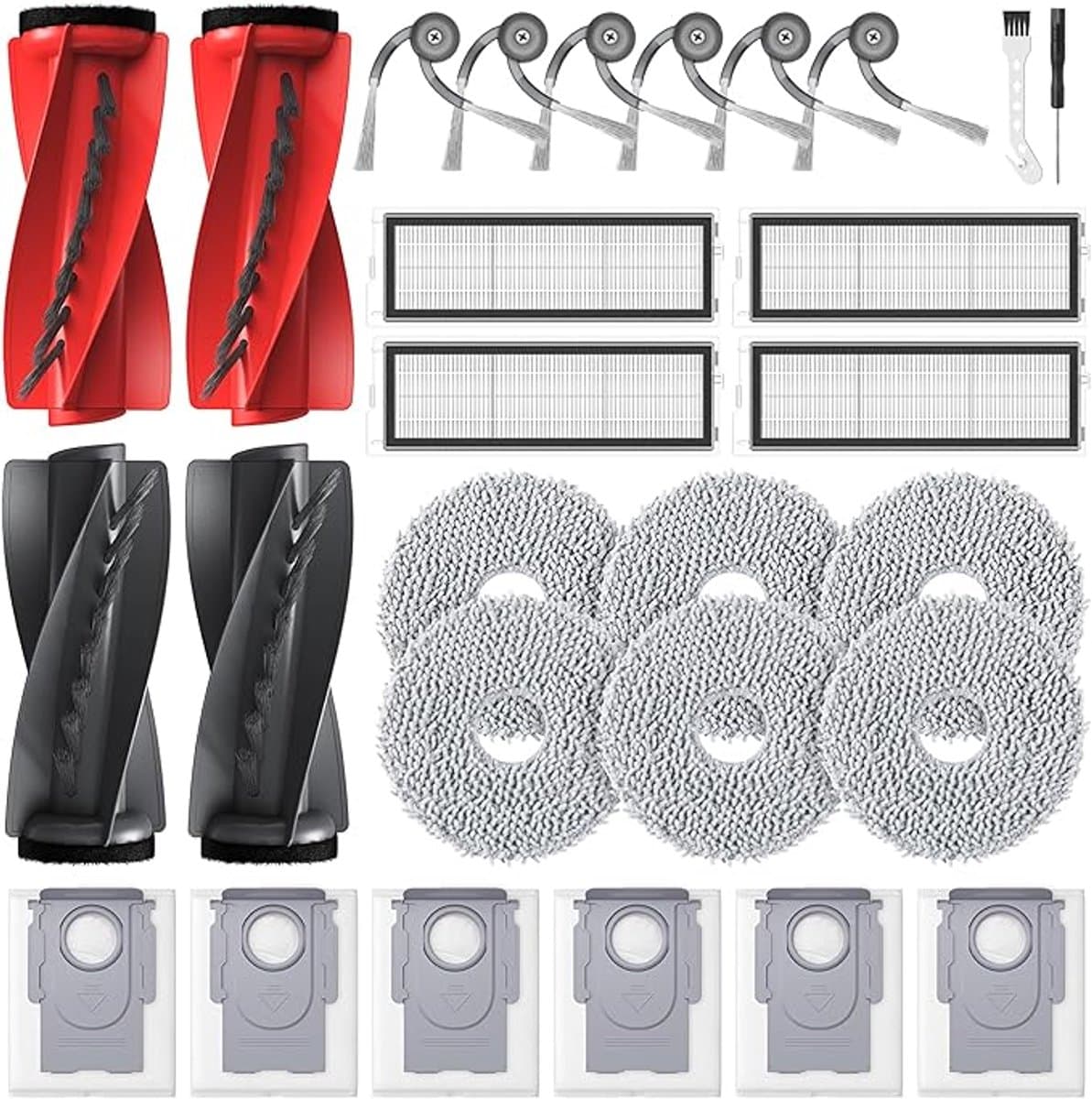 Geschikt Geschikt voor Roborock Qrevo S5V / Curv / Edge / Edge S5A / Curv S5X. De Qrevo S5V vervangingsonderdelen en accessoires omvatten: 2 sets hoofdborstels, 6 dweildoeken, 6 stofzakken, 4 HEPA-filters, 6 zijborstels en 2 reinigingsaccessoires. — afbeelding 1
