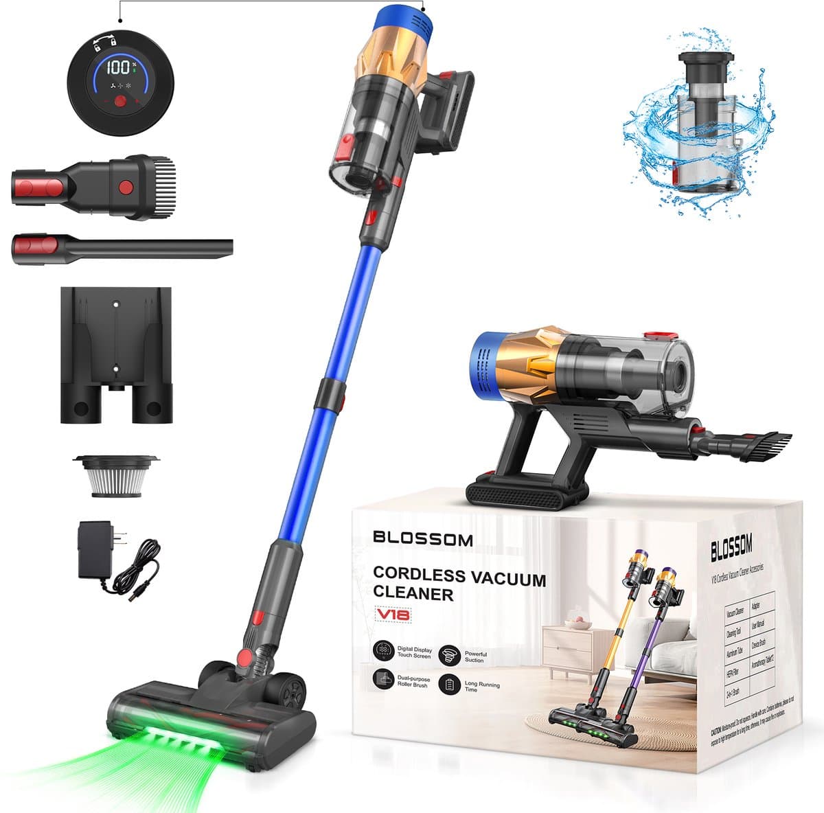 BLOSSOM Steelstofzuiger Draadloos V18 - 550W/50Kpa/60Min - Kruimeldief - Stofzuiger - Hepa - LED-Display - 3 Standen Zuigkracht - 1,5L - Voor Tapijten en Harde Vloere - Blauw — afbeelding 1